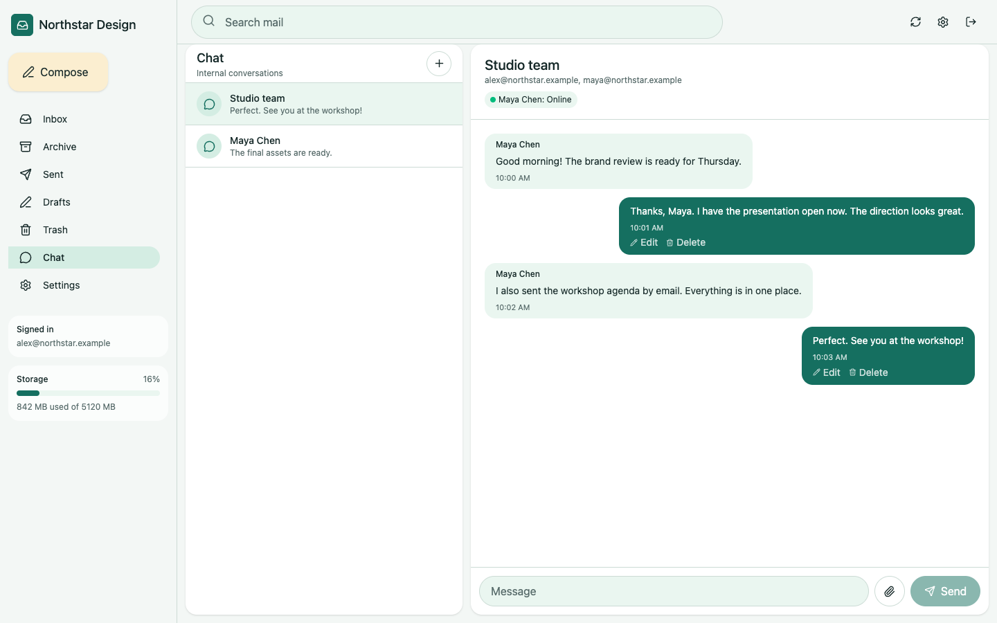Nuvvo Mail team chat with a conversation list and a sample studio team discussion.