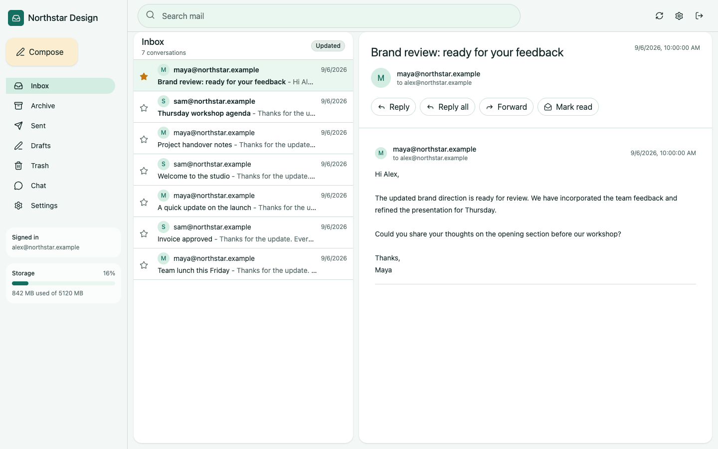 Nuvvo Mail inbox with message list, reading pane and mailbox navigation in a sample company workspace.